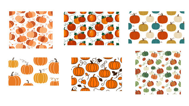 A set of six seamless pumpkin vector patterns featuring mixed styles, with and without vines. Clean flat shapes, modern fall colors, and crisp repeating layouts for seasonal designs and backgrounds.