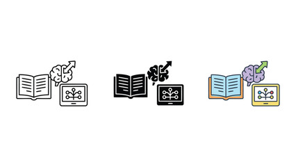 Naklejka premium Artificial intelligence learning process with open book brain and network diagram icon vector graphic