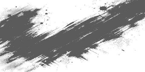 Obraz premium Dark gray brush stroke vector illustration with splatters and halftone effect on white background for creative design