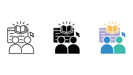 Fototapeta premium Educational software interface icons with book and user avatars in outline solid and flat styles for e-learning platforms