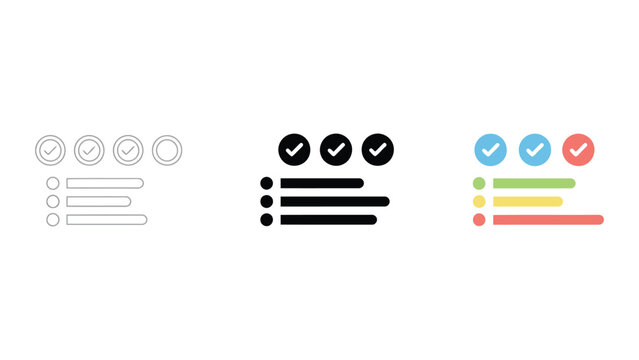 Set of three checklist icons showing completed tasks in line art solid black and colorful flat design styles for business management and productivity applications