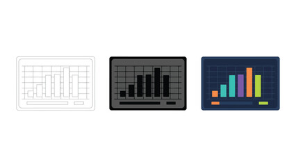 Data analytics dashboard chart icon set showing statistical growth bars in line art solid black and colorful vector styles for financial reporting and business intelligence visualization interfaces © SAIJID
