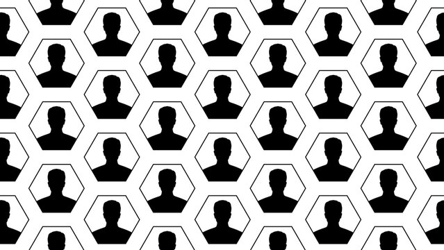 Seamless pattern featuring upper-body human silhouettes inside hexagons on a transparent background. For public profile icons, social networks, human figures, and male or female symbol concepts.