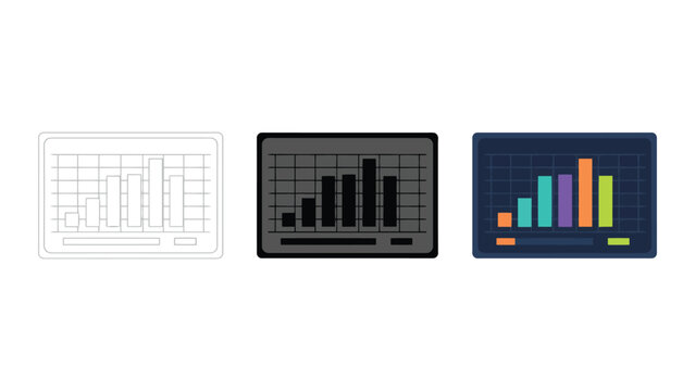 Data analytics dashboard chart icon set showing statistical growth bars in line art solid black and colorful vector styles for financial reporting and business intelligence visualization interfaces