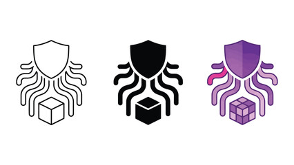 Data protection and secure storage vector icons set with shield and octopus tentacle design in outline solid and colorful styles for cyber security and cloud storage technology solutions © SAIJID