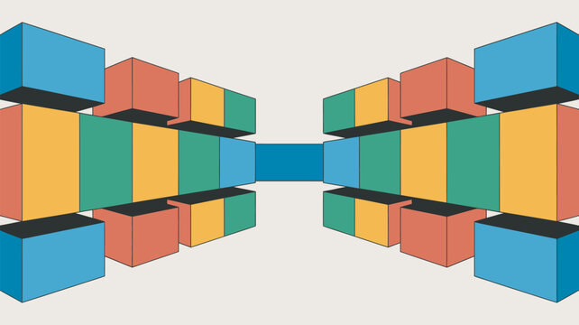 Abstract geometric optical illusion with colorful 3D perspective blocks and vanishing point vector illustration
