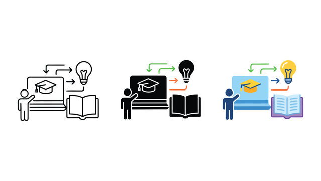 Digital learning and online training icons with student laptop and lightbulb in outline solid and colorful styles for virtual classroom and educational technology platforms