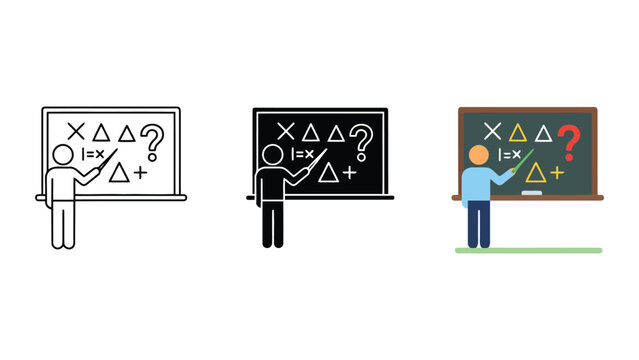 Teacher explaining math concepts on blackboard with geometric shapes and equations including a question mark in three icon styles line art silhouette and colorful