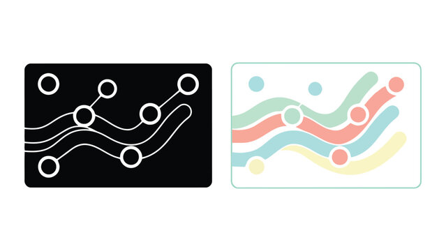 Data analytics and flow chart icons featuring connected nodes and wavy paths in three visual styles for business intelligence and data visualization dashboards and professional presentation designs