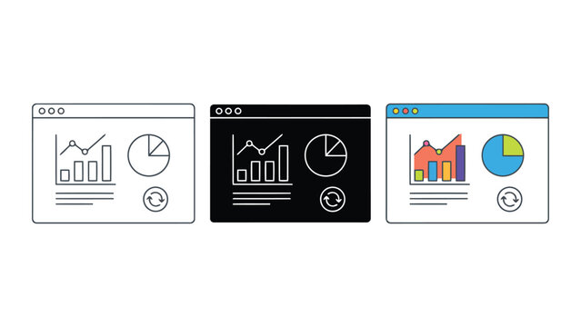 Web analytics dashboard icon set featuring performance graphs and pie charts with refresh functionality in linear solid and vibrant color styles for business data monitoring interface design