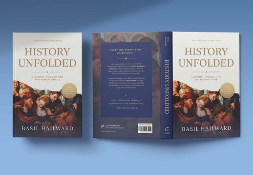 History Book Cover Template, Vintage Hardcover Jacket Design, Academic Textbook Dust Cover Mockup