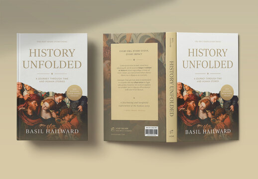 History Book Cover Template, Vintage Hardcover Jacket Design, Academic Textbook Dust Cover Mockup