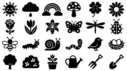 Obraz premium Collection of Diverse Nature and Garden Silhouette Vector Icons Essential Black Graphics for Outdoor, Floral, and Wildlife Themes