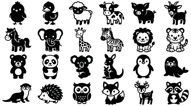 Charming collection of adorable baby animal silhouettes, featuring a diverse range of wildlife in a cute cartoon vector style, perfect for various design projects