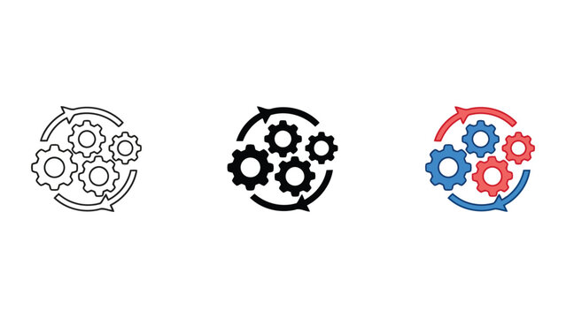 Industrial gear process automation icon with circular arrows for workflow optimization and mechanical system concepts as vector set in outline solid and flat design styles for engineering websites
