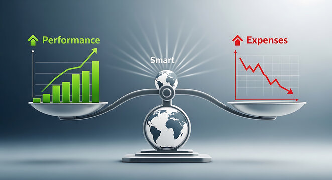 Balance scale showing high business performance and decreasing expenses