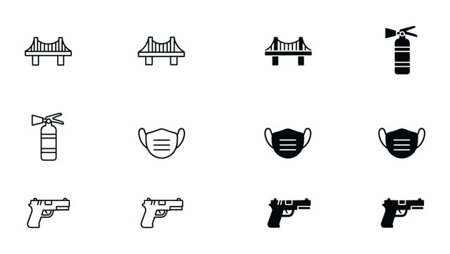 Collection of icons depicting infrastructure, safety, and weaponry elements