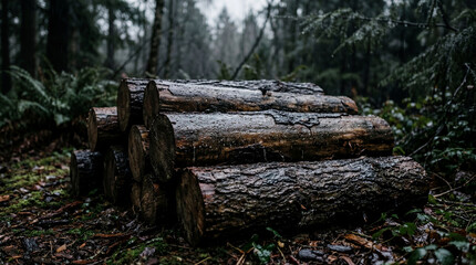 Fototapeta premium Natural wood logs under soft rain droplets showcasing wet bark texture and moody lighting environment