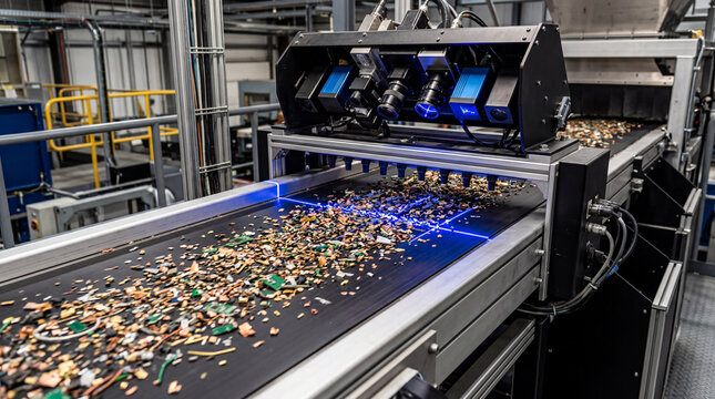 Advanced tech optical sorting machine actively processing fine electronic metal scrap particles for urban recycling.