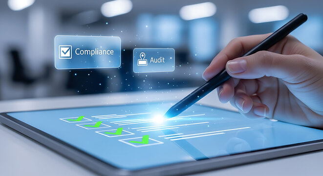 Business compliance and digital audit checking process on a tablet screen with stylus