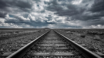 Fototapeta premium Symmetrical Railway Tracks Converging At Horizon Minimalist Composition With Dramatic Perspective For Modern Travel Concepts