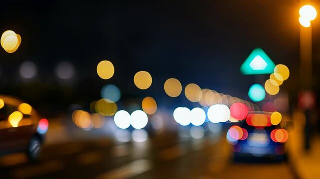 Blurred nighttime city traffic with glowing bokeh lights and cars in the distance. 4k Video footage.