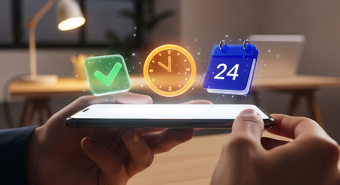Business person holding a smartphone with floating time management icons