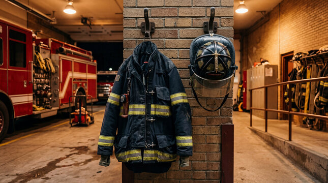 Firefighter jacket and helmet hanging from hooks in warm fire station lighting with realistic detail