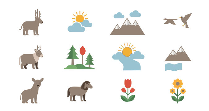 Nature icons set with deer sun mountains and flowers on transparent background