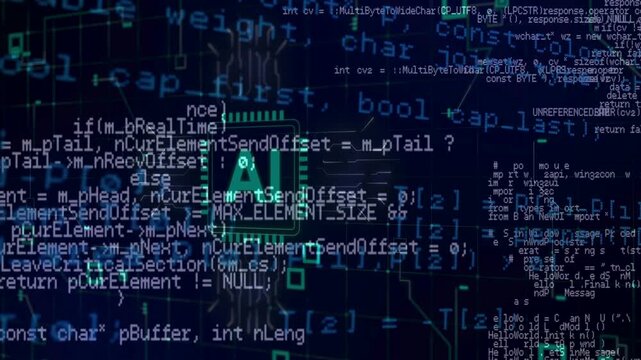 AI microchip icon overlay on computer programming text background.