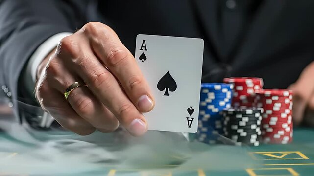 Man's hand holding an Ace of Spades card at a casino table. Professional gambler revealing a winning hand with poker chips and smoke. High stakes gambling concept for betting and casino ads.