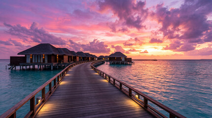 Obraz premium Beautiful Sunset At Luxury Maldivian Resort Showing Pristine Wooden Jetty Stretching To Tropical Ocean Waters