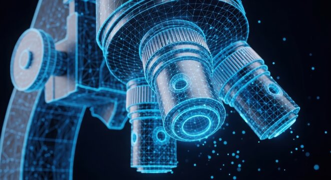 Digital glowing blue microscope on a dark background illustration