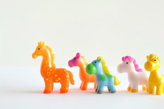 A vibrant lineup of colorful miniature horse figurines, each with unique playful design, arranged on a clean white surface, suggesting childhood joy and imagination.