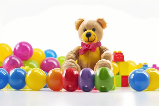 A cute teddy bear sits amongst a colorful assortment of building blocks and round balls, creating a playful and joyful scene of childhood fun.