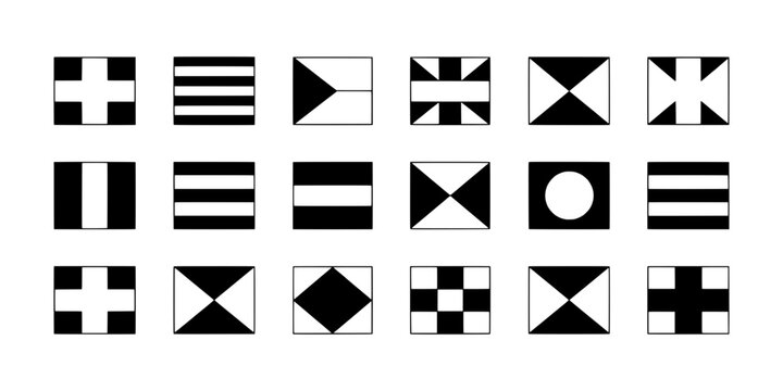 Flags nautical set with black and white patterns and symbols featuring maritime signals, maritime communication, flag designs with flag icons and