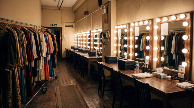 Row of performers makeup stations inside backstage theater dressing room each containing chairs and lights