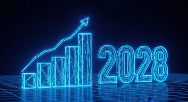 Neon blue rising bar chart with year 2028 growth concept illustration