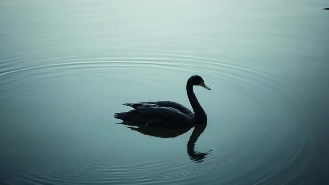 A black bird glides on serene, rippling water. Its reflection mirrors its silhouette with graceful elegance