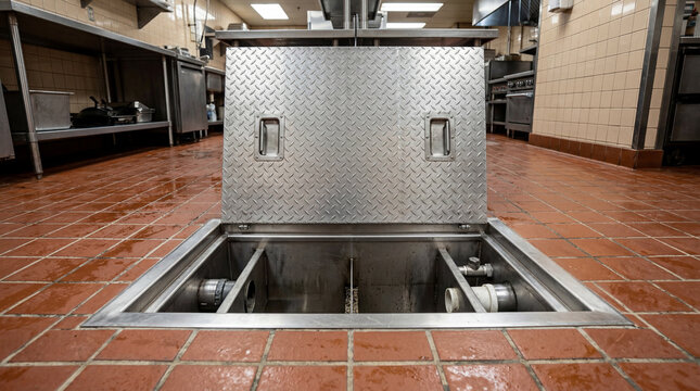 Commercial Stainless Steel Grease Trap Unit Recessed Slightly Into Durable Industrial Quarry Tiled Floors System