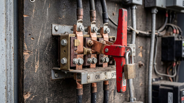 Close up of a heavy duty industrial knife disconnect switch featuring a prominent safety handle