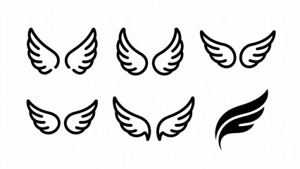 Fototapeta premium Minimal Wings Thin Line Icon Set – Angel, Bird and Flying Wing Outline Vector Collection