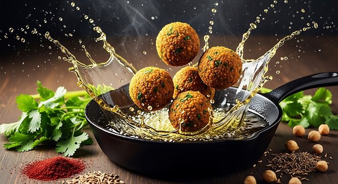 Falafel balls frying in a cast iron skillet with splashing oil