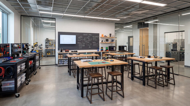 Modern Makerspace Seminar Room Design With Matte Black Rolling Utility Carts Tall Wooden Collaboration Desks