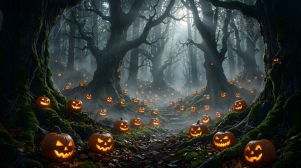 Obraz premium A mystical and eerie Halloween forest scene filled with glowing jack-o'-lanterns illuminating a mossy path under ancient, gnarled trees.