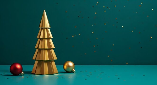 Golden Christmas tree with red and gold baubles on teal surface with starry night effect