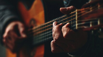 Fototapeta premium Close-up shot of a musician's hands playing a classical acoustic guitar with shallow depth of field