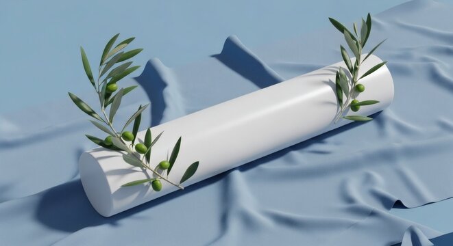 A white cylinder adorned with green leaves on blue fabric surface