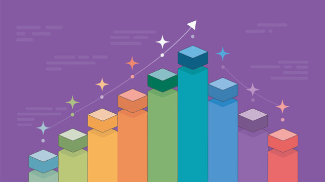 3D bar chart showing financial growth and business success on a purple background.
