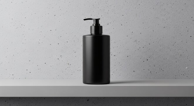Black dispenser bottle on gray surface and wall